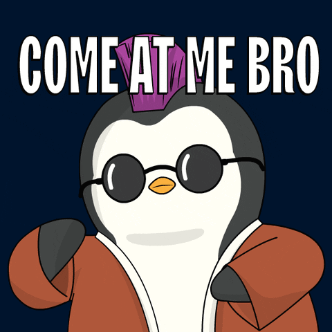A Penguin Wearing Sunglasses And A Purple Hat Says " Come At Me Bro " GIF