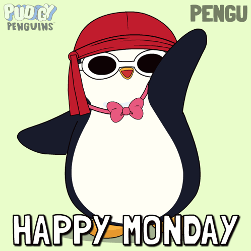 a penguin wearing sunglasses and a red bandana says " happy monday "