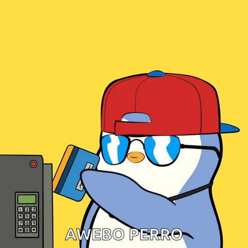 A Penguin Wearing Sunglasses And A Red Hat Is Holding A Credit Card And Says " Awebo Perro " On The Bottom GIF