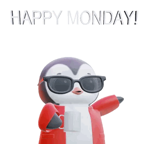 a penguin wearing sunglasses and a red jacket holds a cup of coffee and says " happy monday "
