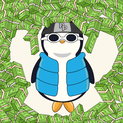 A Penguin Wearing Sunglasses And A Rp Hat Is Surrounded By Money GIF