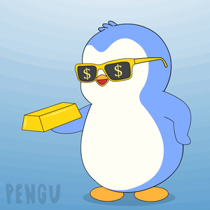 A Penguin Wearing Sunglasses And Holding A Gold Bar With The Word Pengu On The Bottom GIF