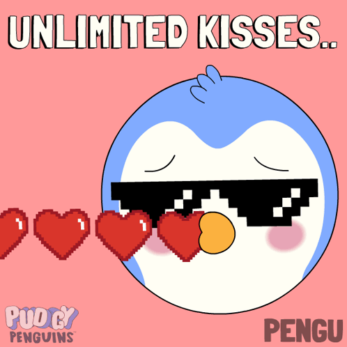 A Penguin Wearing Sunglasses Blowing Hearts With The Words " Unlimited Kisses " Below It GIF