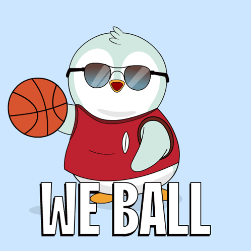 A Penguin Wearing Sunglasses Is Holding A Basketball And Says " We Ball " GIF