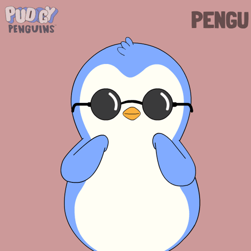 A Penguin Wearing Sunglasses Is Holding Two Red Hearts And The Word Pengu Is On The Bottom GIF