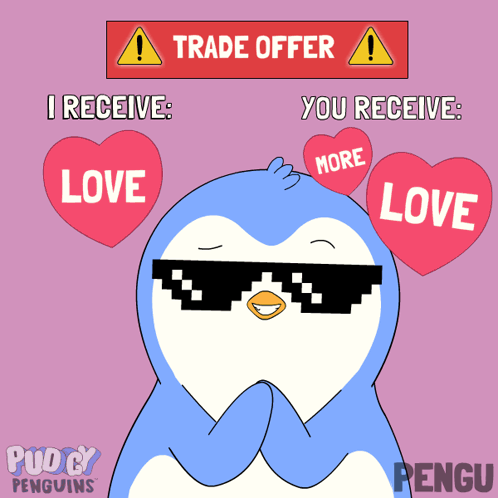 A Penguin Wearing Sunglasses Is Surrounded By Hearts That Say " Love " GIF