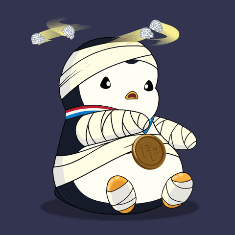 A Penguin With A Bandage On Its Head Is Holding A Medal That Says P On It GIF