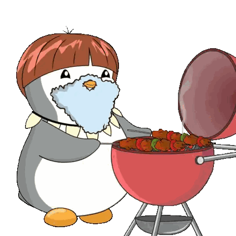 a penguin with a beard is grilling food