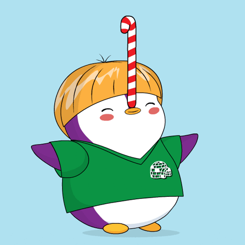 A Penguin With A Candy Cane In Its Mouth GIF