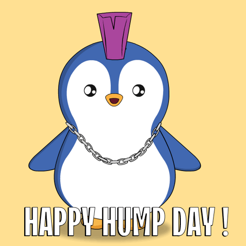 A Penguin With A Chain Around Its Neck And The Words Happy Hump Day GIF