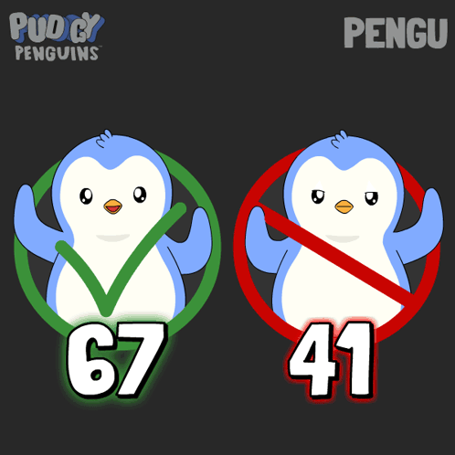 a penguin with a check mark and a penguin with a red circle and the number 41