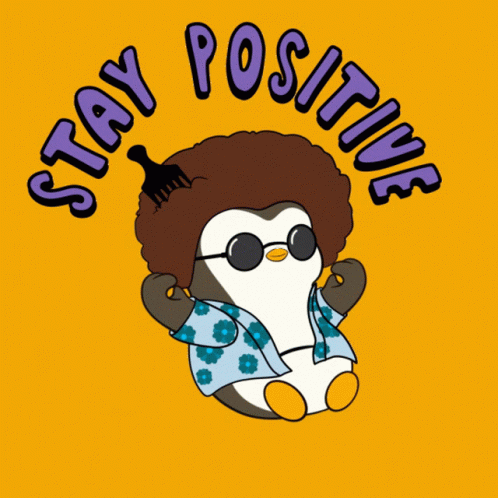 A Penguin With A Comb In Its Hair And The Words " Stay Positive " Around It GIF