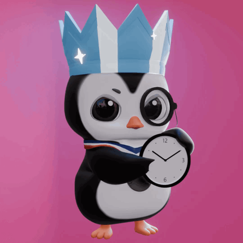 A Penguin With A Crown And Glasses Holds A Clock GIF