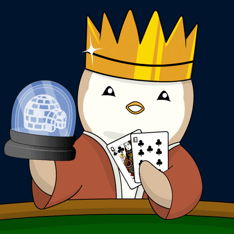 A Penguin With A Crown Is Holding A Pair Of Playing Cards And A Snow Globe GIF