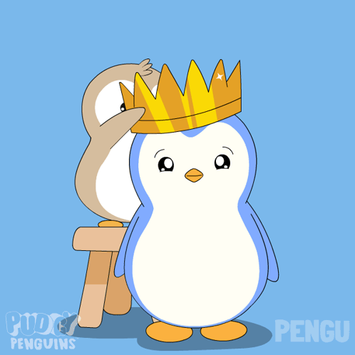A Penguin With A Crown On Its Head Stands Next To Another Penguin GIF