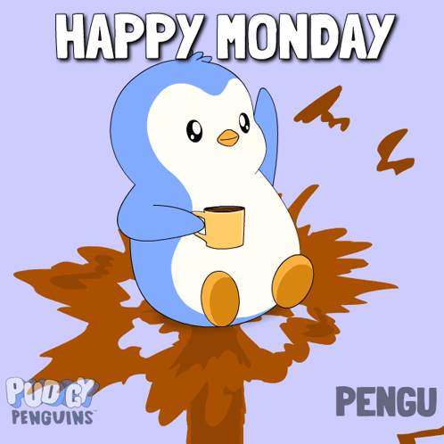 a penguin with a cup of coffee and the words happy monday behind it