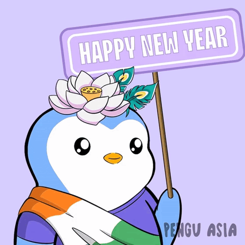A Penguin With A Flower In Its Head Holds A Sign That Says Happy New Year GIF