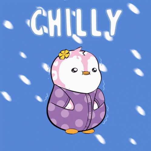 A Penguin With A Flower On Its Head And The Word Chilly On The Bottom GIF