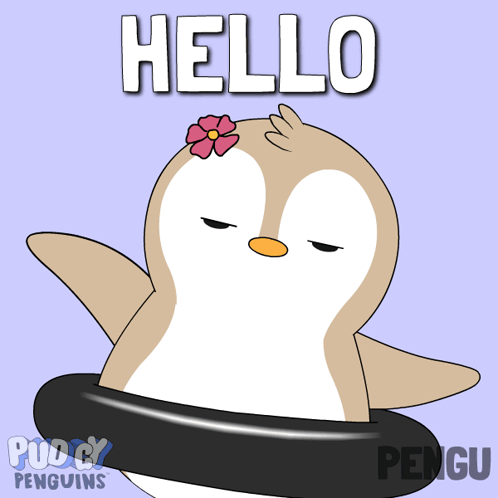 A Penguin With A Flower On Its Head And The Words Hello GIF