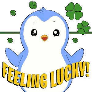 a penguin with a four leaf clover on its chest and the words feeling lucky