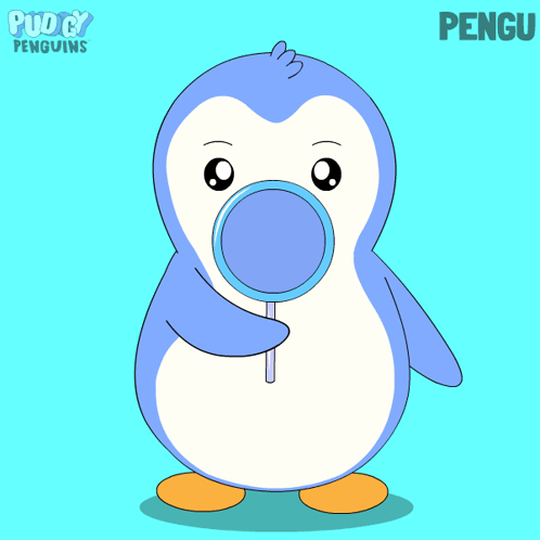 A Penguin With A Heart Shaped Scarf Around Its Neck And The Word Pengu On The Bottom Right GIF