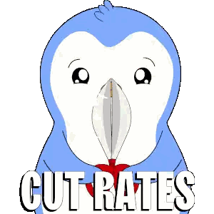 a penguin with a knife in its mouth and the words cut rates