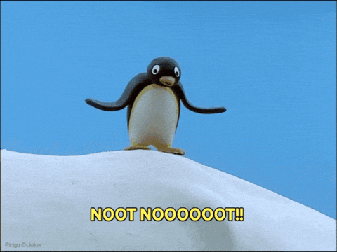 A Penguin With A Long Nose Is Standing On Top Of A Snow Covered Hill And Says Noot Nooooot GIF