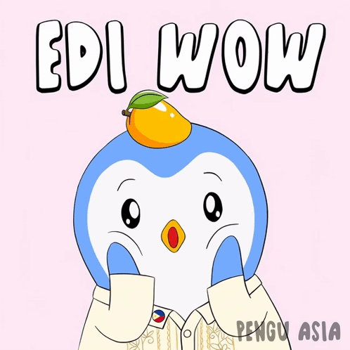 A Penguin With A Mango On Its Head And The Words Edi Wow Behind It GIF