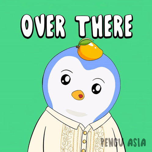 A Penguin With A Mango On Its Head And The Words Over There Above It GIF