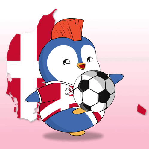 A Penguin With A Mohawk Holds A Soccer Ball In Front Of A Map Of Denmark GIF