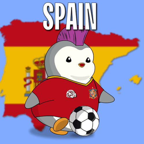A Penguin With A Mohawk Is Holding A Soccer Ball In Front Of A Spain Map GIF