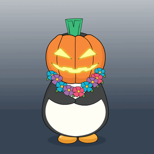 A Penguin With A Pumpkin On Its Head And Flowers Around His Neck GIF