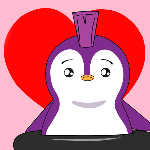 A Penguin With A Purple Mohawk And A Red Heart Behind It GIF