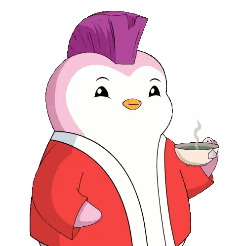 a penguin with a purple mohawk holds a cup of tea
