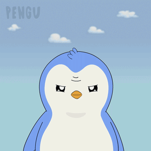 A Penguin With A Sad Look On Its Face Is Standing In Front Of A Blue Sky With The Word Pengu Above It GIF