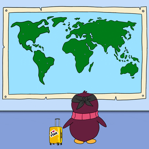 A Penguin With A Sticker On His Suitcase That Says " I Love Fish " GIF