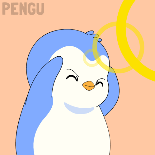 A Penguin With A Yellow Ring Around Its Head And The Word Pengu On The Bottom GIF