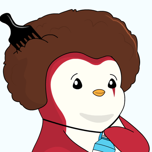 A Penguin With An Afro And The Words Hey Look At Us Behind It GIF