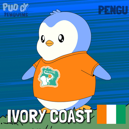 a penguin with an orange shirt that says ivory coast on it