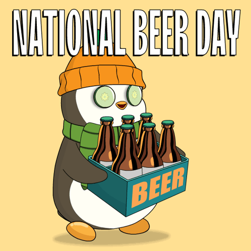 A Penguin With Cucumber Slices On His Eyes Is Carrying A Box Of Beer GIF