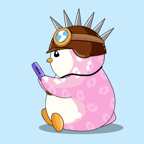 A Penguin With Hearts In Its Eyes Is Holding A Cell Phone And A Heart With The Letter P On It GIF