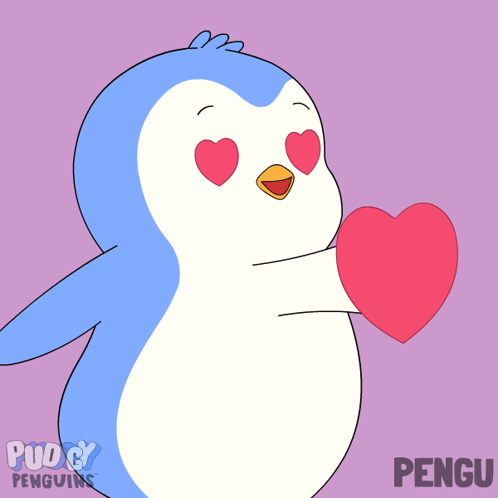 A Penguin With Hearts In Its Eyes Is Holding A Heart And The Word Pengu Is On The Bottom Right GIF