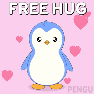 A Penguin With Its Arms Outstretched Is Surrounded By Pink Hearts And Says Free Hug GIF