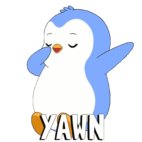 a penguin with its eyes closed and the word yawn above it