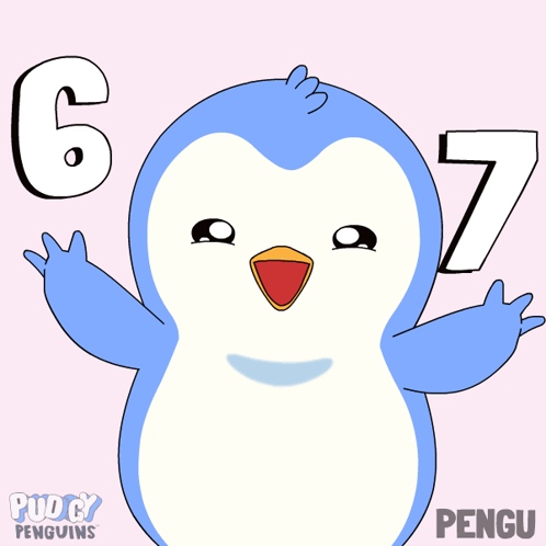 A Penguin With The Number 6 And 7 On Its Head GIF