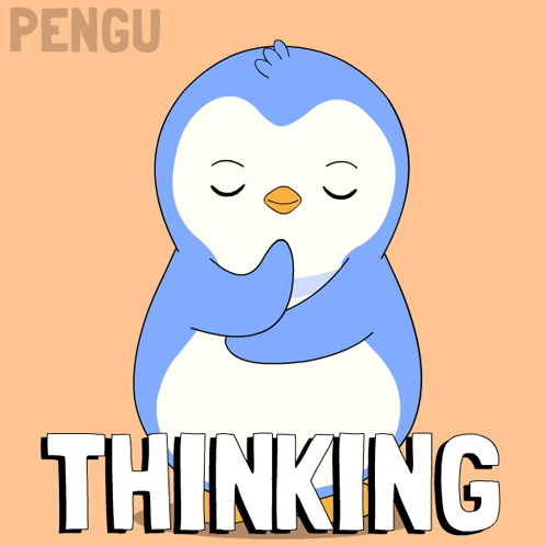 A Penguin With The Word Thinking Written Underneath It GIF