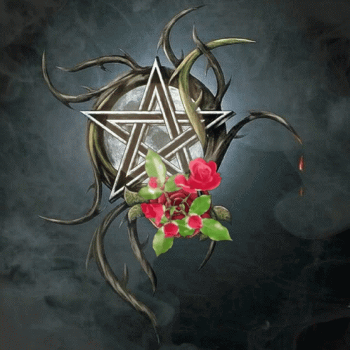 A Pentagram Surrounded By Thorns And Red Roses On A Dark Background GIF