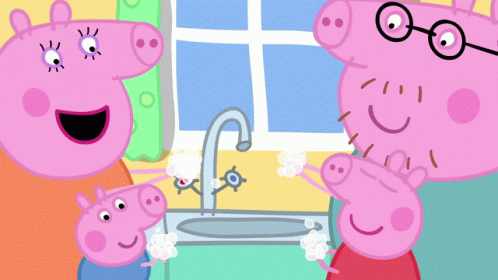 A Peppa Pig Family Is Washing Their Hands Together GIF