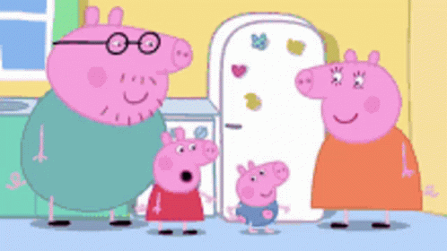 A Peppa Pig Family Standing In Front Of A Door With Hearts On It GIF