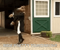 A Person Dressed As A Horse Is Standing In Front Of A Stable . GIF